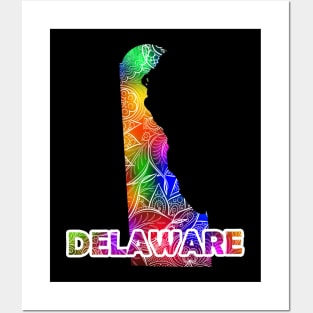 Colorful mandala art map of Delaware with text in multicolor pattern Posters and Art